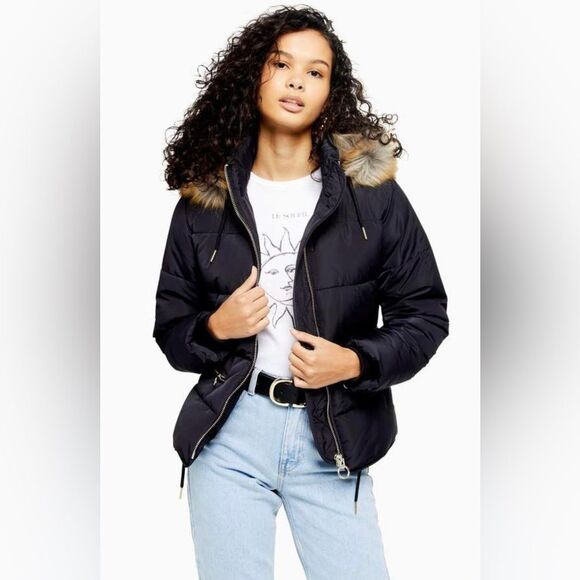 Topshop Nordstrom Removable Faux Fur Hoodie Puffer Zip Up Drawstring Jacket 4 - Picture 1 of 11